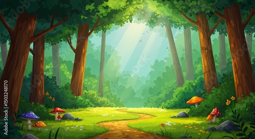 Enchanted forest scene with sunlight filtering through trees  