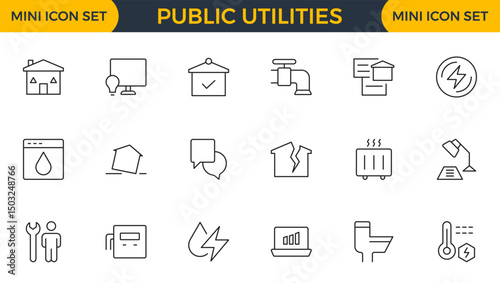 Set of Public utilities web icons in outline style. Rent receipt, electricity, water, gas, garage, heating, Water, Fuel, Electricity, Solar House, Maintenance collection.