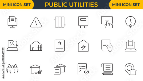 Set of Public utilities web icons in outline style. Rent receipt, electricity, water, gas, garage, heating, Water, Fuel, Electricity, Solar House, Maintenance collection.