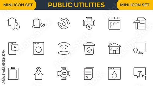 Set of Public utilities web icons in outline style. Rent receipt, electricity, water, gas, garage, heating, Water, Fuel, Electricity, Solar House, Maintenance collection.