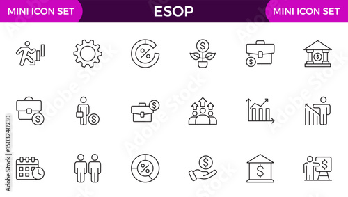 Set of Outline icons about ESOP employee stock ownership plan. Contains such icons as company, win-win, scheme and benefits.