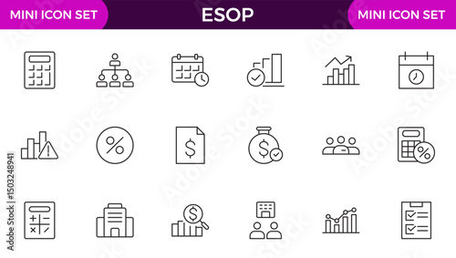 Set of Outline icons about ESOP employee stock ownership plan. Contains such icons as company, win-win, scheme and benefits.