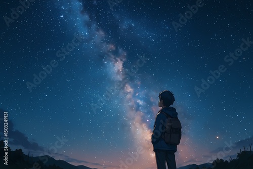 Young person gazing at the starry night sky with a backpack  