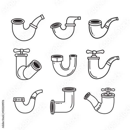 Black and white line art illustration of various pipe fittings and plumbing elements