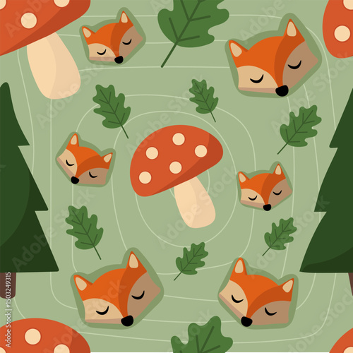  Minimalist Fox and Mushroom Forest in Soft Green