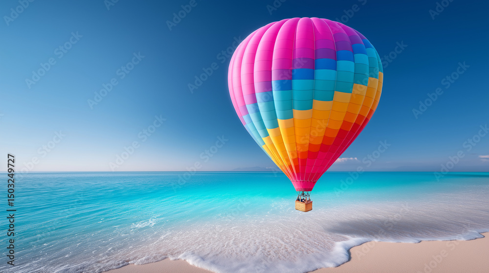 Fototapeta premium Bunter Heißluftballon schwebt majestätisch über Meer in Strandnähe bei Sonnenuntergang mit rosa-violettem Himmel
