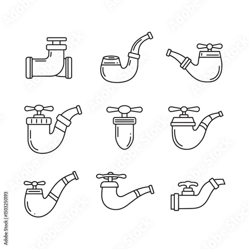 Collection of simple linear illustrations of plumbing fixtures in minimalist style