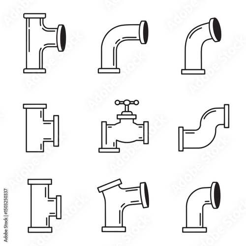 Collection of various plumbing pipes and valves black outline vector illustration