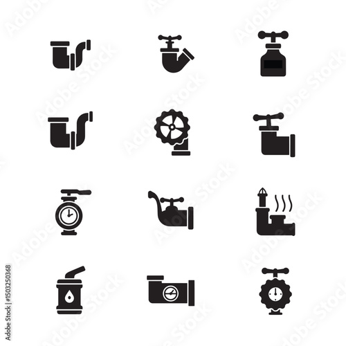 Set of black and white plumbing icons illustrating pipes valves and industrial elements