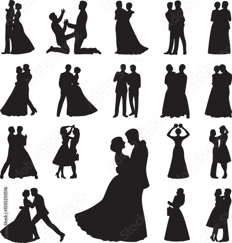 Bride and Groom Wedding Silhouette

Just Married Couple Vector Art

Elegant Wedding Moment Illustration

Romantic Bride & Groom Pose

Classic Wedding Couple Silhouette