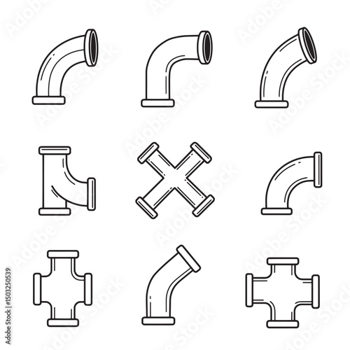 Set of black and white plumbing pipes and fittings for industrial design