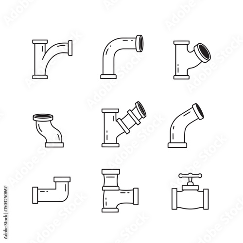 Vector illustration of various plumbing pipe fittings and valves isolated on white background