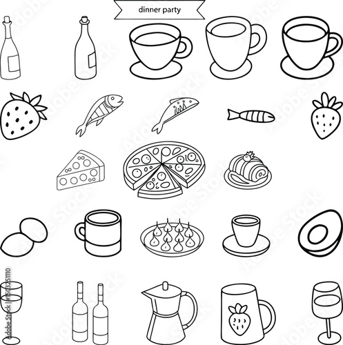 Hand drawn chalk food illustrations set. Drawings of wine, lobster, charcuterie, pizza, cheese, for wedding invitations, cafe menus and parties. La dolce vita italian sketch style.