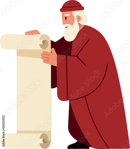 Elderly man reading ancient scroll in traditional red robe vector illustration 