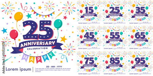 Set of 15-95th years anniversary celebration emblem. congratulations anniversary logo isolated with balloons, bunting flag, ribbon, fireworks and stars. vector illustration template design