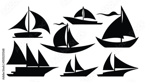  black sailboat vector icons  various sailing boat silhouettes in different designs and angles on white background. 