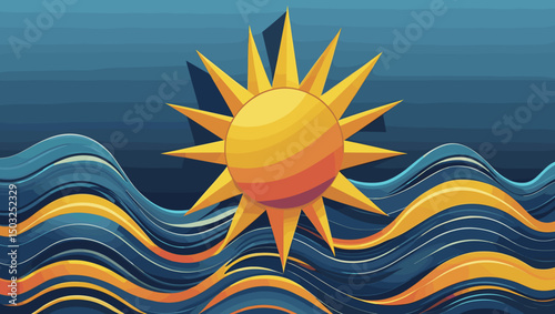 sun illustration, cheerful, shining above waves, digital art