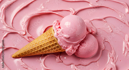 Delicious Pink Strawberry Ice Cream Cone Sweet Treat Summer Dessert Frozen Yummy Cold Refreshing Tasty Food Photography photo