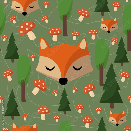 Sleeping Fox in Forest Pattern - Olive Green