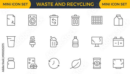 Set of Waste and Recycling line icons. Garbage, Trash, separation, and waste recycling Linear icon collection.