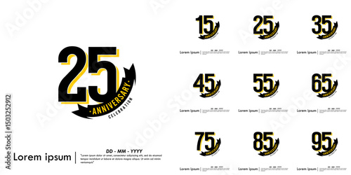 Set of 15-95th years anniversary celebration emblem. congratulations anniversary logo isolated with ribbon on white background. vector illustration template design for web, flyers, poster, greeting 