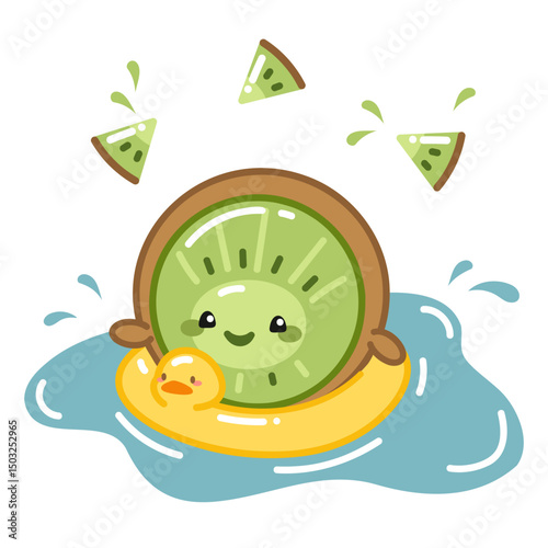 Cute kiwi kawaii illustration, tropical juicy fruit swimming