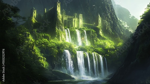 Enchanting Waterfall Castle Amidst Lush Greenery