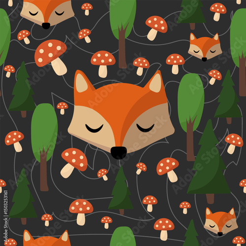 Dark Forest Fox Seamless Pattern