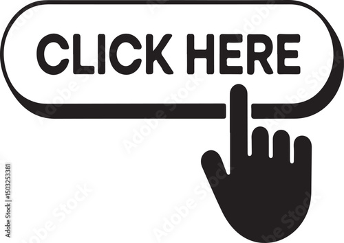 Click here button icon with finger pointing towards it on white background