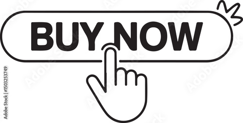 Illustration of a hand pointing to a buy now button to promote purchasing and offers