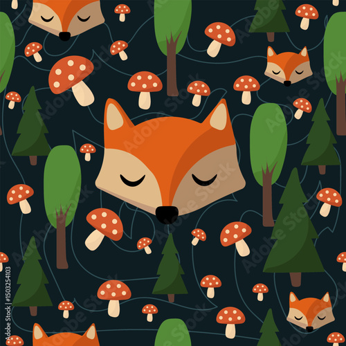  Seamless Night Forest with Fox and Mushrooms