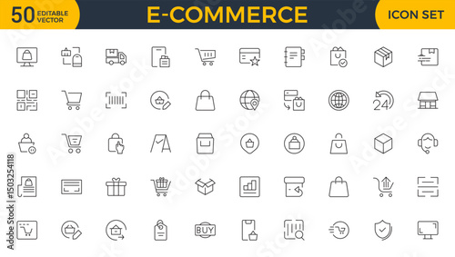E-Commerce set of web icons in line style. Online shopping icons for web and mobile app. Business, mobile shop, digital marketing, bank card, gifts, sale, delivery. Vector illustration