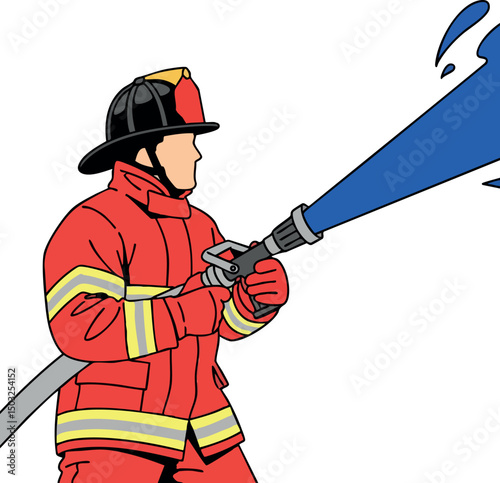 Firefighter in red uniform spraying water hose vector illustration for emergency response and safety 