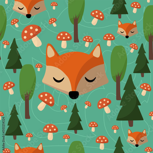Fox and Forest Animals on Teal Background