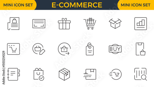 E-Commerce set of web icons in line style. Online shopping icons for web and mobile app. Business, mobile shop, digital marketing, bank card, gifts, sale, delivery. Vector illustration