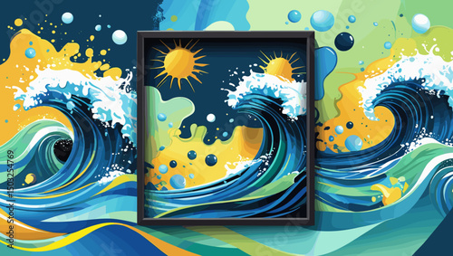ocean waves illustration, dynamic, crashing in a frame, digital art