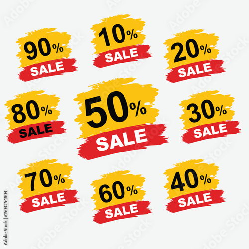 Sales and discount Stickers 10, 20, 30, 40, 50, 60, 70, 80, 90 percent, In Red and Yellow Colour, Vector illustrator.