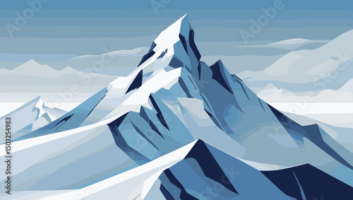 mountain peak illustration, serene, towering above snow, digital art