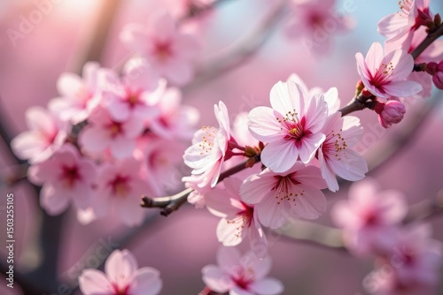 Delicate pink sakura blossoms, full bloom, intricate branches , art, beauty, background