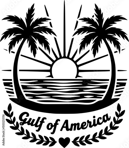 Gulf of America Sunset Design: Tropical Palm Tree & Ocean Art
