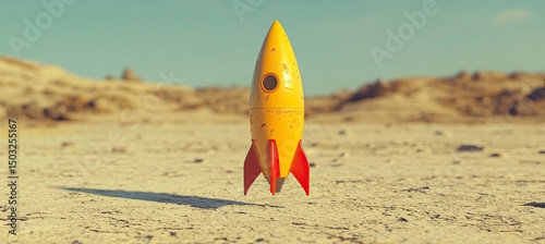 A vibrant yellow rocket ship poised for launch in a desert landscape photo