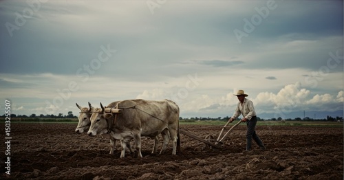 Oxen-Powered Farming: An Old-Fashioned Agricultural Scene Under Cloudy Sky