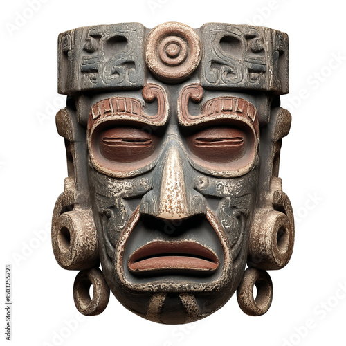 A detailed Mayan mask, showcasing intricate design and historical significance. The mask has a worn texture and carved details, the face with closed eyes, a prominent nose and open mouth