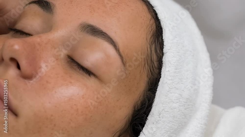 Close-up of woman getting micro-needling procedure at beauty salon. Face with freckles having skincare treatment using a derma pen. Beauty concept, rejuvenation.