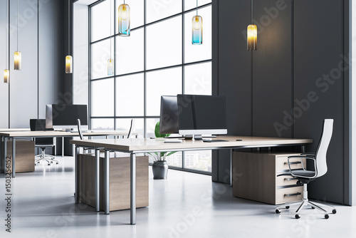 Modern open space office interior with large windows, wooden desks, swivel chairs, and contemporary lighting in corporate setting. 3D Rendering photo