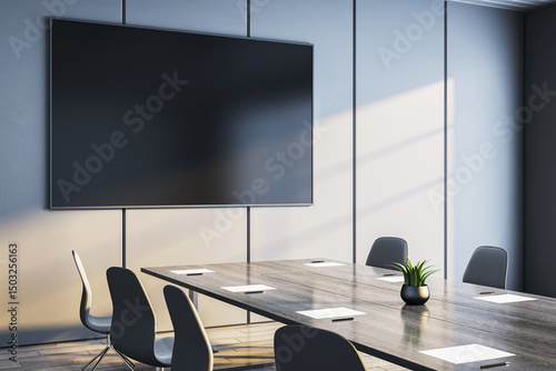 Modern corporate meeting room with large wall-mounted screen and minimalist interior design in natural daylight ambiance. 3D Rendering