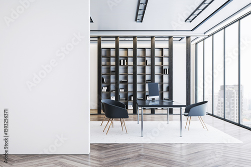 Fototapeta Naklejka Na Ścianę i Meble -  Modern luxury corporate office interior with blank white wall and stylish furniture in high-rise building with city view through glass windows. 3D Rendering