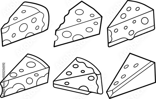 Set of cheese slice outline coloring book page line art vector illustration