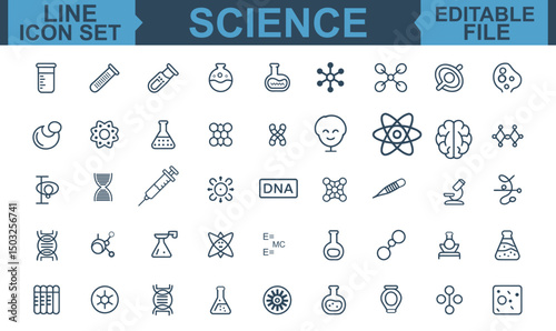 
Science Line Icon Set Featuring Editable Stroke Vector Symbols for Physics, Chemistry, Biology, Laboratory Research, and Educational Concepts

