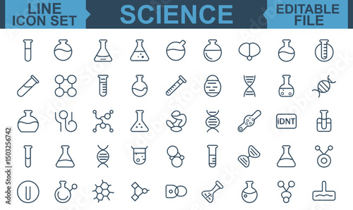 
Science Line Icon Set Featuring Editable Stroke Vector Symbols for Physics, Chemistry, Biology, Laboratory Research, and Educational Concepts
